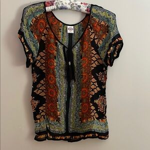 Bila Orange and Green Relaxed Tie Front Dolman Sleeve Blouse